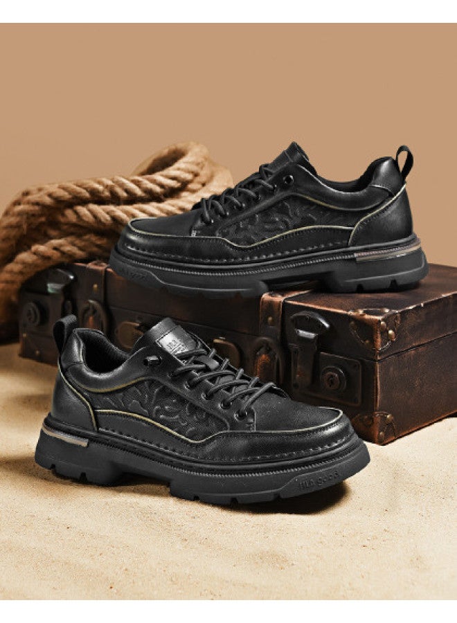 HLA Men's Work Shoes, Retro Textured Distressed Leather Men's Shoes, Platform Sneakers, Low-top Breathable Casual Work Shoes For Men - Image 1