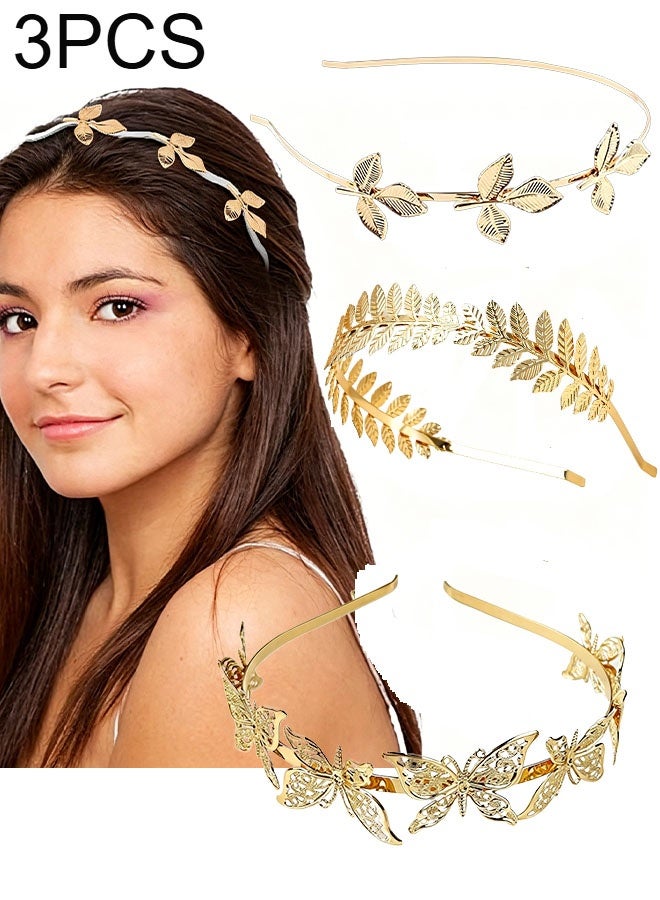 Happy D 3-piece Greek goddess headpiece, golden leaf crown headband, golden butterfly 3-leaf, suitable for women's daily parties, bridal weddings, hair accessories - Image 1