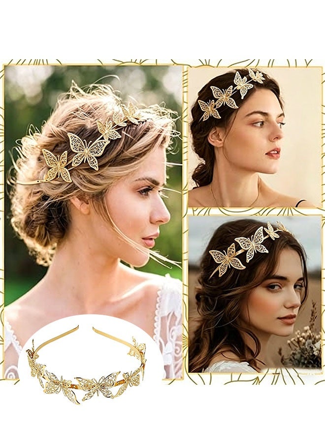 Happy D 3-piece Greek goddess headpiece, golden leaf crown headband, golden butterfly 3-leaf, suitable for women's daily parties, bridal weddings, hair accessories - Image 2