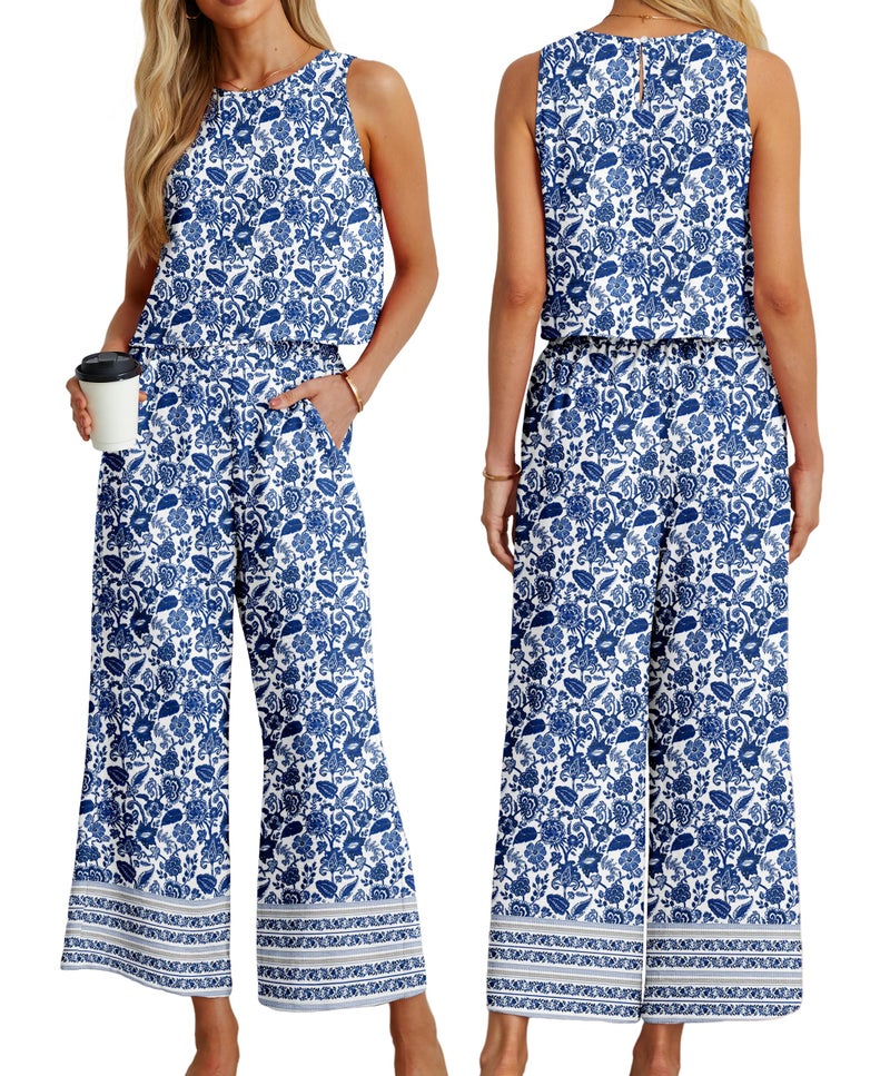 IWOLLENCE Women's Summer 2 Piece Outfits Set Round neck Sleeveless Tank Crop Top Wide Leg pants Set Pockets Jumpsuits Blue Porcelain Medium - Image 4
