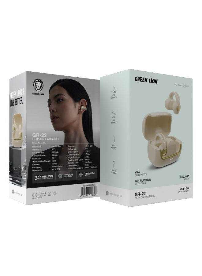 GREEN LION GR-22 Clip-On Earbuds, Wireless In-Ear Headphones with 20H Playtime / 10m Range / IPX4 Waterproof / Voice Assistant / Dual Mic Calls / LED Indicators - Beige - Image 3