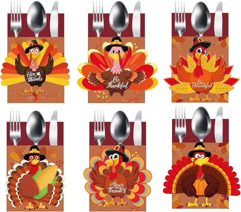 Funnlot 24PCS Thanksgiving Cutlery Holder Set - Turkey Utensil Decor for Autumn Fall Harvest Party Table Decoration - Image 1