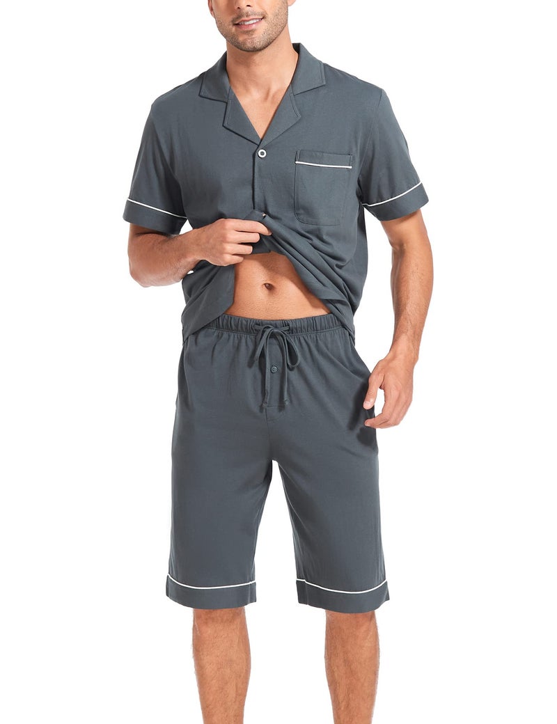 COLORFULLEAF Men's 100% Cotton Short Sleeve Pajama Sets Button Down Notched Collar Sleepwear Soft Lounge Pjs with Pockets (Deep Grey, L) - Image 3