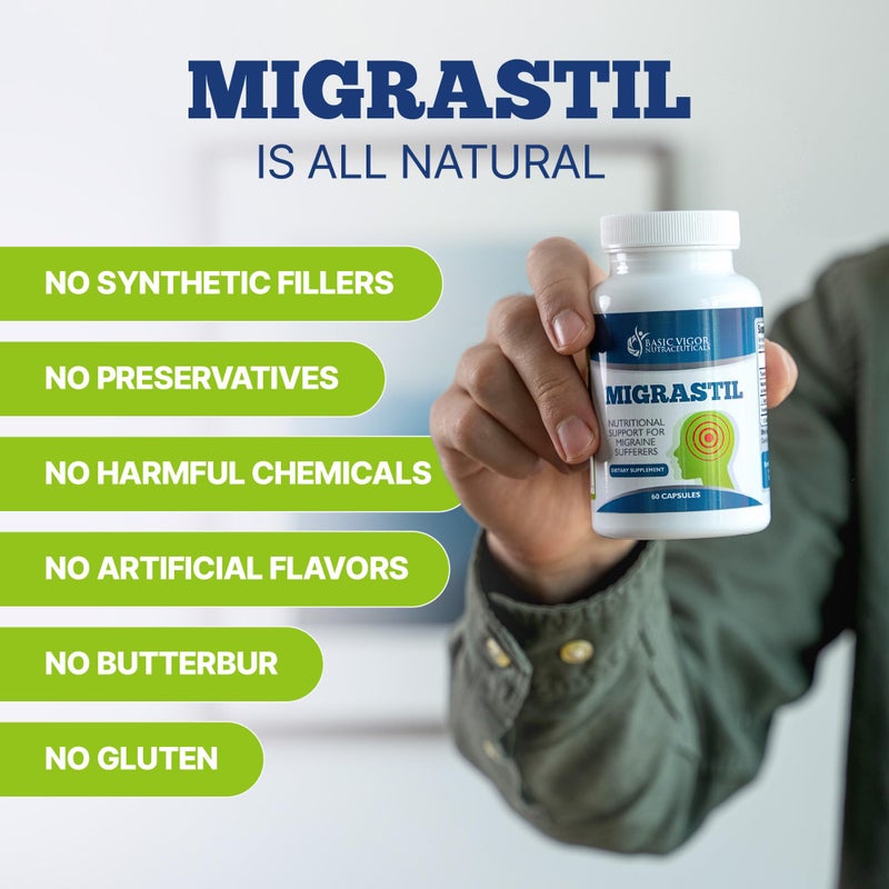 Basic Vigor Migrastil Migraine Support Capsules. Feverfew, Magnesium, Taurine & Vitamin B1 for Migraines Natural Supplement. Made in The USA. Vegan and Gluten Free. - Image 4