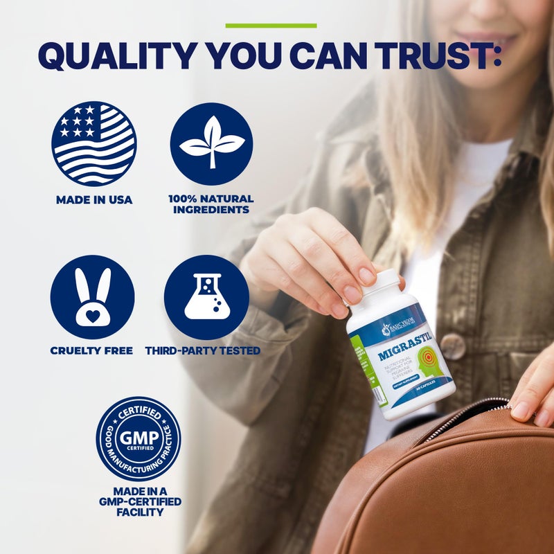 Basic Vigor Migrastil Migraine Support Capsules. Feverfew, Magnesium, Taurine & Vitamin B1 for Migraines Natural Supplement. Made in The USA. Vegan and Gluten Free. - Image 5