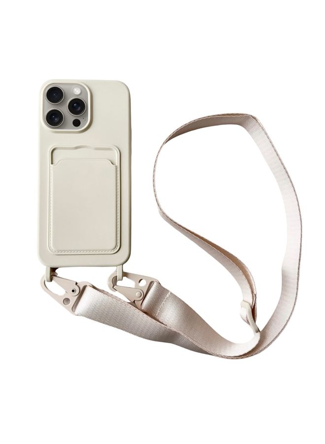 HuHa Case Cover For iPhone 16 Pro Max Card Slot Liquid Silicone Phone Case with Lanyard(White) 
