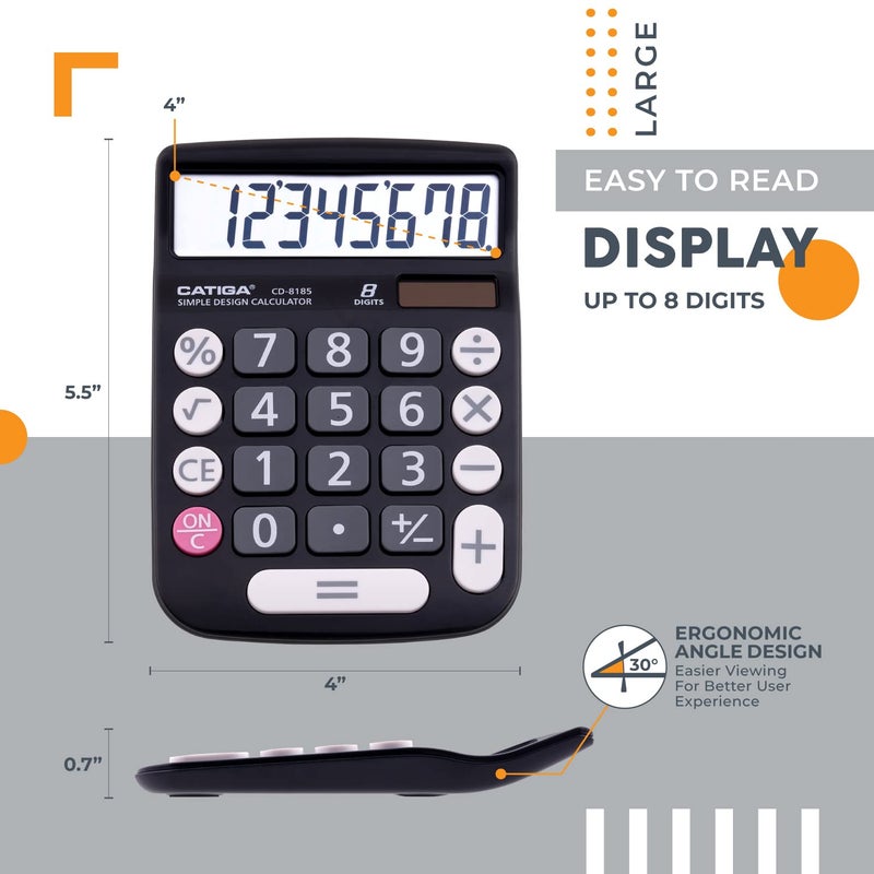 CATIGA CATIGA Desktop Calculator 8 Digit with Solar Power and Easy to Read LCD Display, Big Buttons, for Home, Office, School, Class and Business, 4 Function Small Basic Calculators for Desk, CD-8185 Black  - Image 2