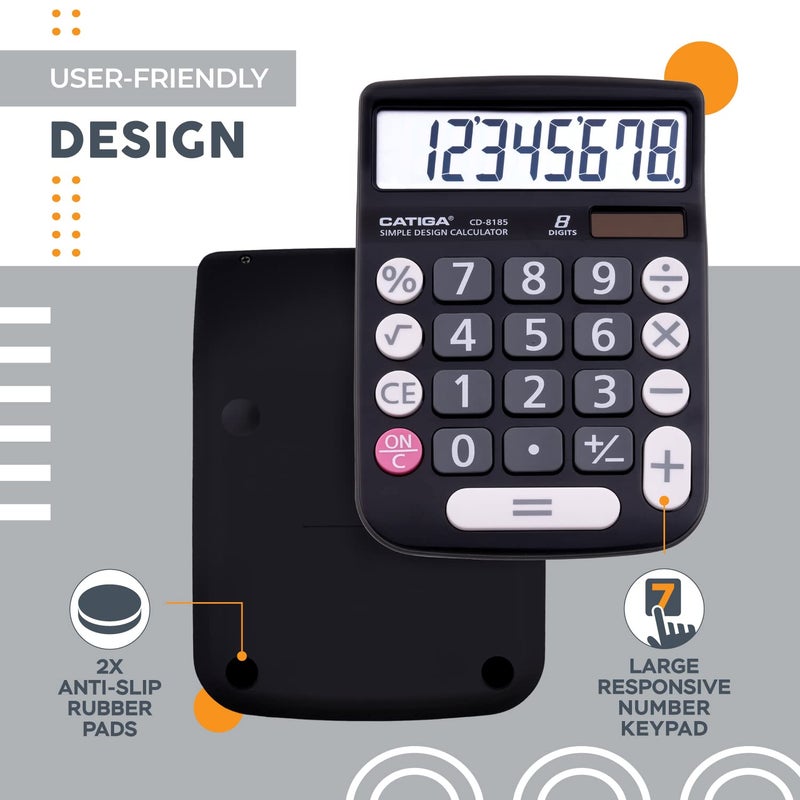 CATIGA CATIGA Desktop Calculator 8 Digit with Solar Power and Easy to Read LCD Display, Big Buttons, for Home, Office, School, Class and Business, 4 Function Small Basic Calculators for Desk, CD-8185 Black  - Image 4