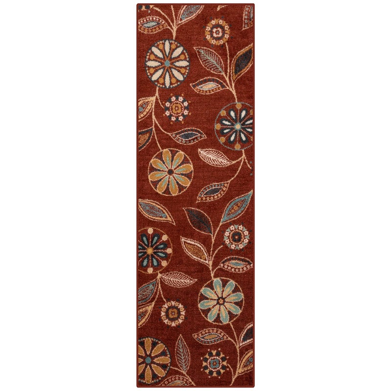 Maples Rugs Reggie Floral Runner Rug  Made in USA  Washable Non Slip Indoor Carpet for Kitchen Hallway and Laundry Room 26 x 8 Merlot