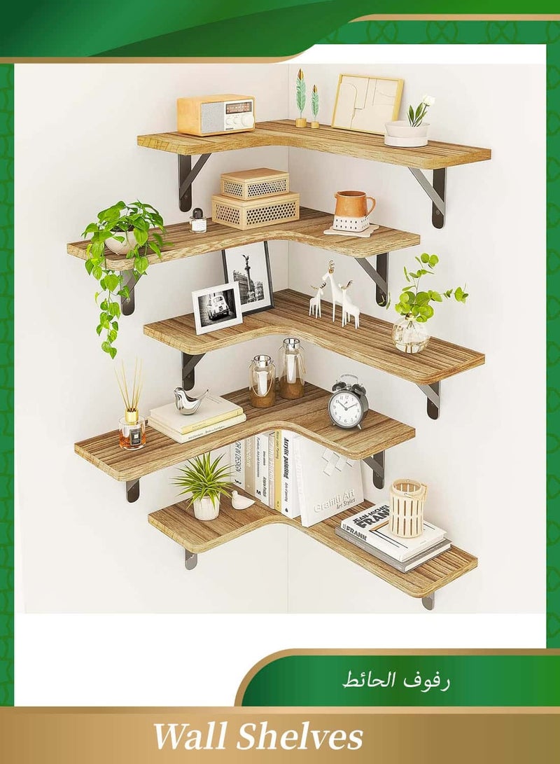 أنمي ارفف خشب -  مجموعة 5 قطع رفوف الزاوية العائمة للحوائط سهلة التركيب لتوفير المساحة، متعددة الطوابق بديكور المنزل للتحميل في الحمام، المطبخ، الغرفة المعيشة والغرفة النوم - Image 1