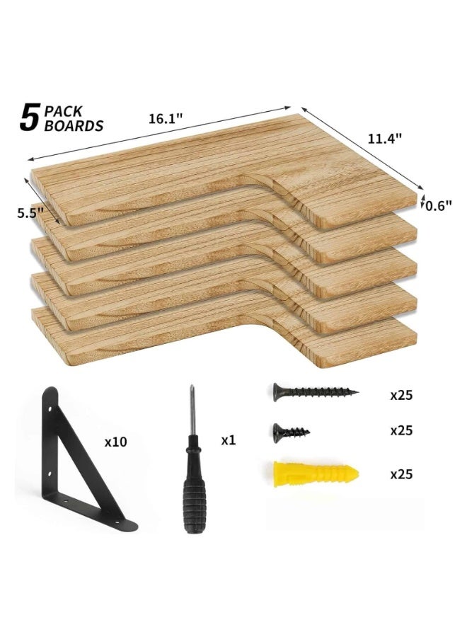 أنمي ارفف خشب -  مجموعة 5 قطع رفوف الزاوية العائمة للحوائط سهلة التركيب لتوفير المساحة، متعددة الطوابق بديكور المنزل للتحميل في الحمام، المطبخ، الغرفة المعيشة والغرفة النوم - Image 3