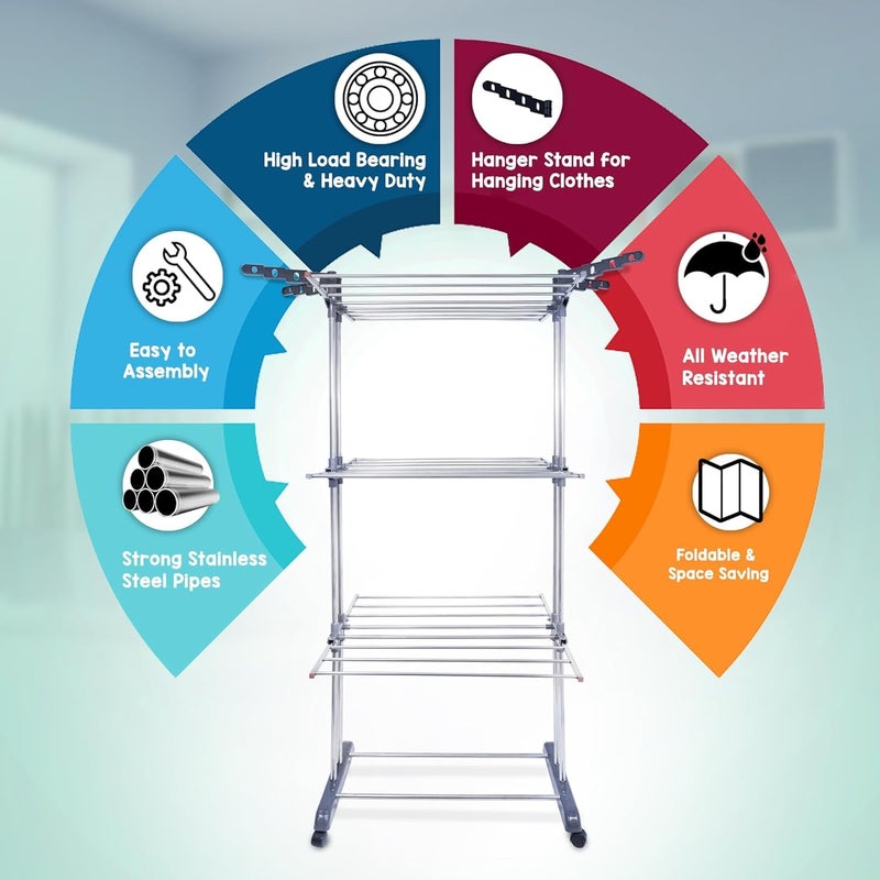 Roscoe Stainless Steel Heavy Duty Double Pole 3 Layer Cloth Drying Stand for Balcony Clothes Stand for Drying Cloth Stand