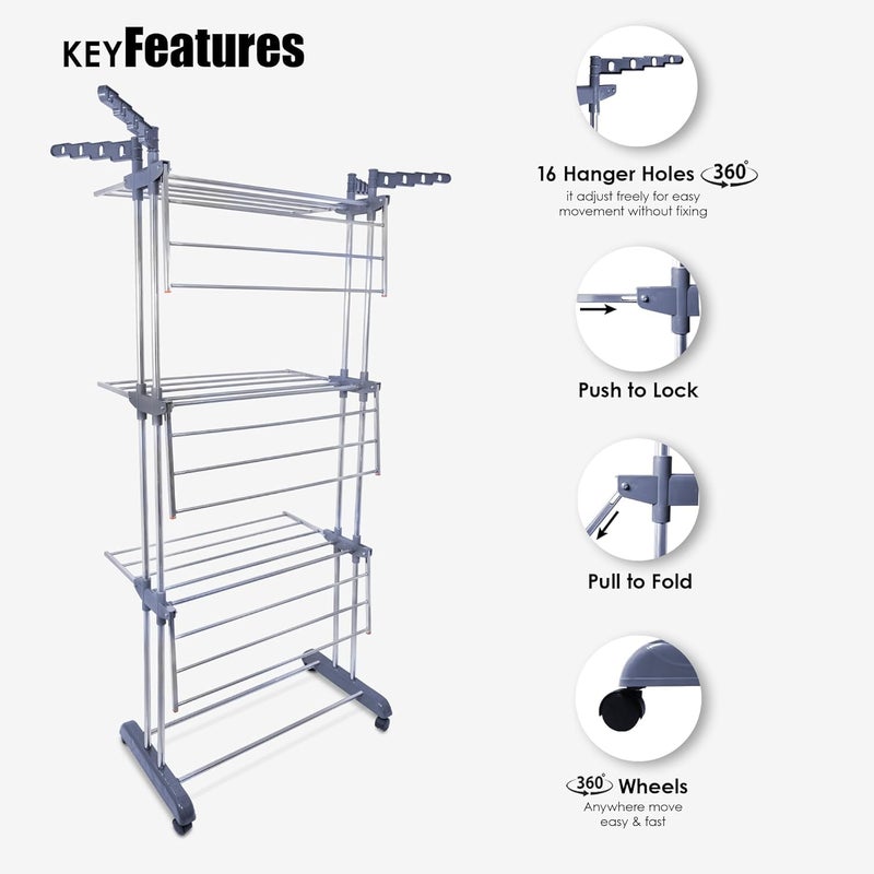 Roscoe Stainless Steel Heavy Duty Double Pole 3 Layer Cloth Drying Stand for Balcony Clothes Stand for Drying Cloth Stand