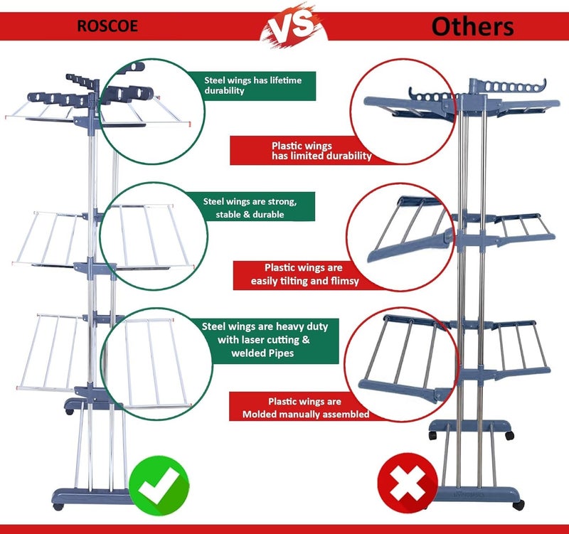 Roscoe Stainless Steel Heavy Duty Double Pole 3 Layer Cloth Drying Stand for Balcony Clothes Stand for Drying Cloth Stand