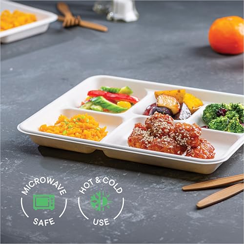 Stack Man 100% Compostable, 5 Compartment, Disposable Paper Plates [125-Pack] - {PFAS Free} - {BPA Certified} - [10 Inch] Heavy Duty Biodegradable Bagasse Sectional Lunch Trays + Dividers - Divided Platter Tray - Image 4