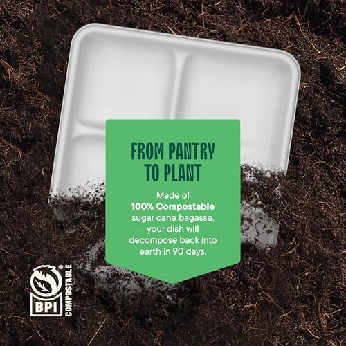 Stack Man 100% Compostable, 5 Compartment, Disposable Paper Plates [125-Pack] - {PFAS Free} - {BPA Certified} - [10 Inch] Heavy Duty Biodegradable Bagasse Sectional Lunch Trays + Dividers - Divided Platter Tray - Image 5