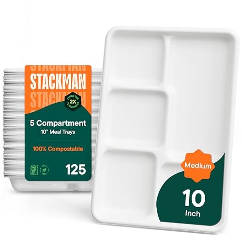 Stack Man 100% Compostable, 5 Compartment, Disposable Paper Plates [125-Pack] - {PFAS Free} - {BPA Certified} - [10 Inch] Heavy Duty Biodegradable Bagasse Sectional Lunch Trays + Dividers - Divided Platter Tray - Image 1