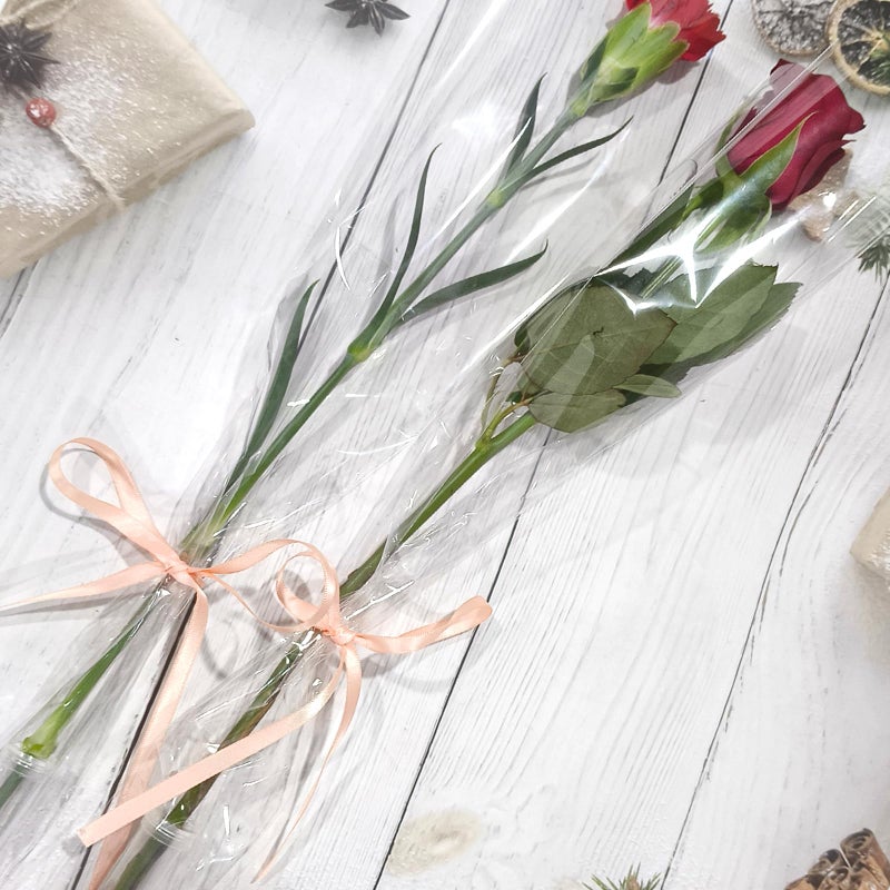 AKLVBL Flower Sleeves for Bouquets 100 Pcs Clear Single Rose Sleeve - 100 Pcs Floral Water Tubes for Bouquets - 40 Yards Light Pink Ribbon for Gift Wrapping for Mother's Day Wedding Graduation Party - Image 3