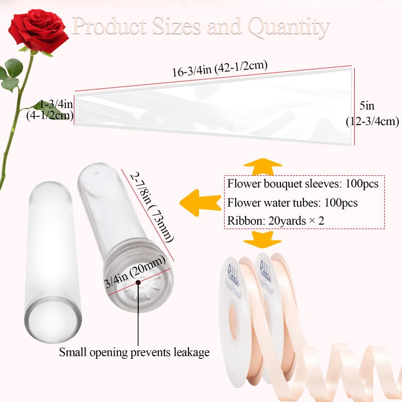 AKLVBL Flower Sleeves for Bouquets 100 Pcs Clear Single Rose Sleeve - 100 Pcs Floral Water Tubes for Bouquets - 40 Yards Light Pink Ribbon for Gift Wrapping for Mother's Day Wedding Graduation Party - Image 2