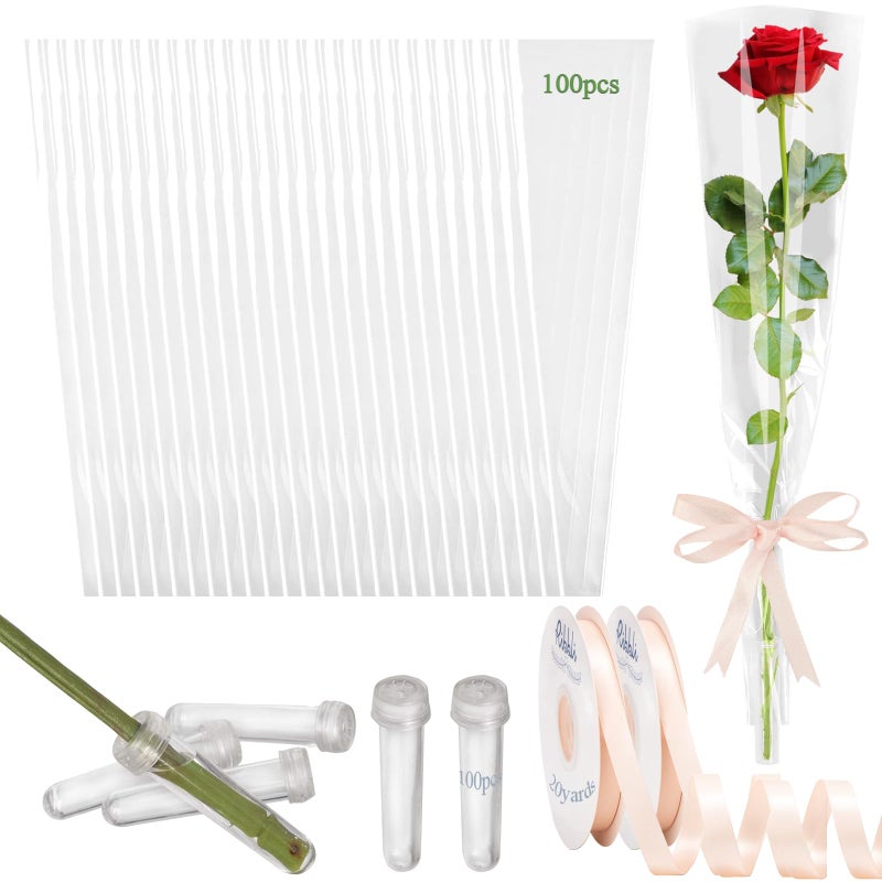 AKLVBL Flower Sleeves for Bouquets 100 Pcs Clear Single Rose Sleeve - 100 Pcs Floral Water Tubes for Bouquets - 40 Yards Light Pink Ribbon for Gift Wrapping for Mother's Day Wedding Graduation Party - Image 1