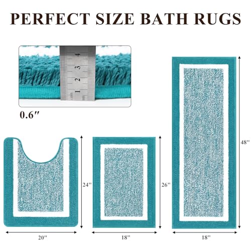 Pauwer 3 Piece Bath Mat Set, Non Slip Plush Bathroom Mats, Absorbent Shaggy Bathroom Rug Set with U-Shaped Contour Toilet Mat for Bedroom Living Room, Aqua Blue - Image 2