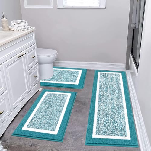 Pauwer 3 Piece Bath Mat Set, Non Slip Plush Bathroom Mats, Absorbent Shaggy Bathroom Rug Set with U-Shaped Contour Toilet Mat for Bedroom Living Room, Aqua Blue - Image 1