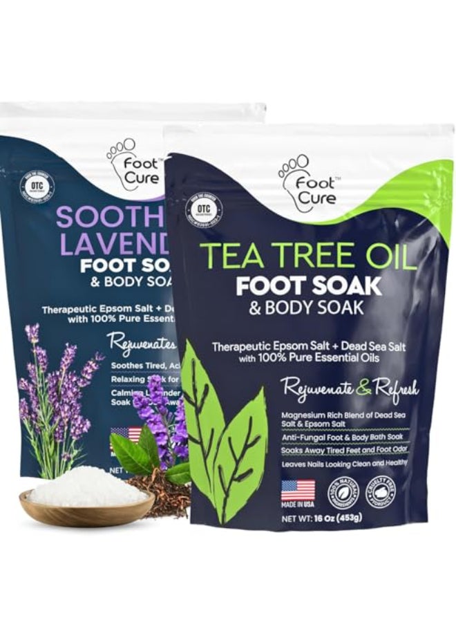 FOOT CURE Tea Tree Oil Soothing Lavender Foot Soak with Epsom Salt Best Toenail Treatment Softens Calluses Soothes Sore Tired Feet Foot Odor Scent Spa Pedicure 16 oz Pack of 2 - Image 1