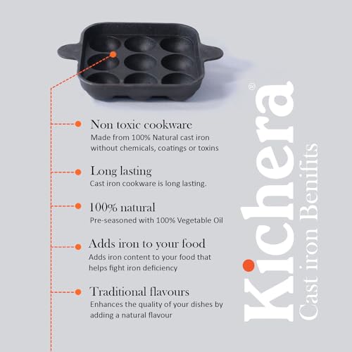 Kichera Cast Iron Appam Pan | Nonstick 9-Cavity Appam Maker | 9.8 Inch, 1.8kg | Induction Friendly - Image 5