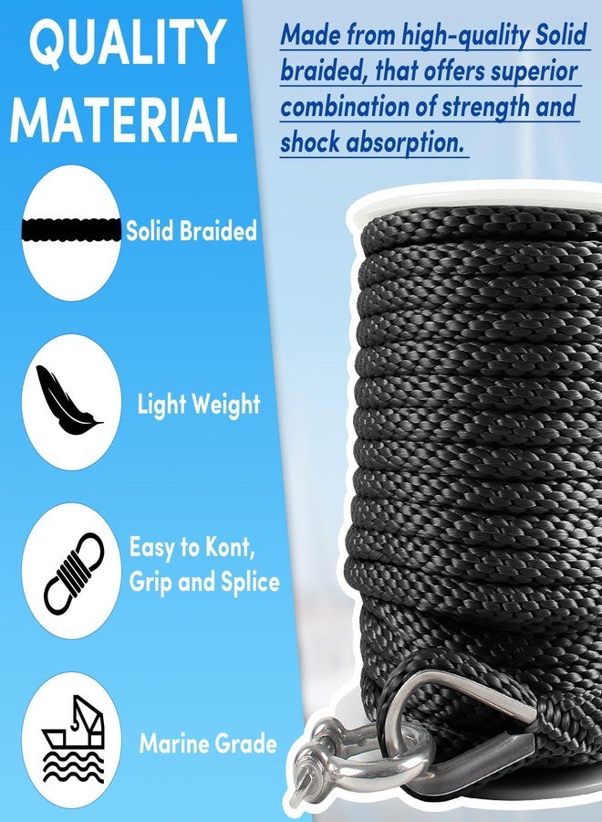 VEITHI Premium Anchor Rope 50 ft x 3/8 inch, Solid Braid MFP Anchor Line Boat Rope with Thimble & Shackle - Black - Image 4