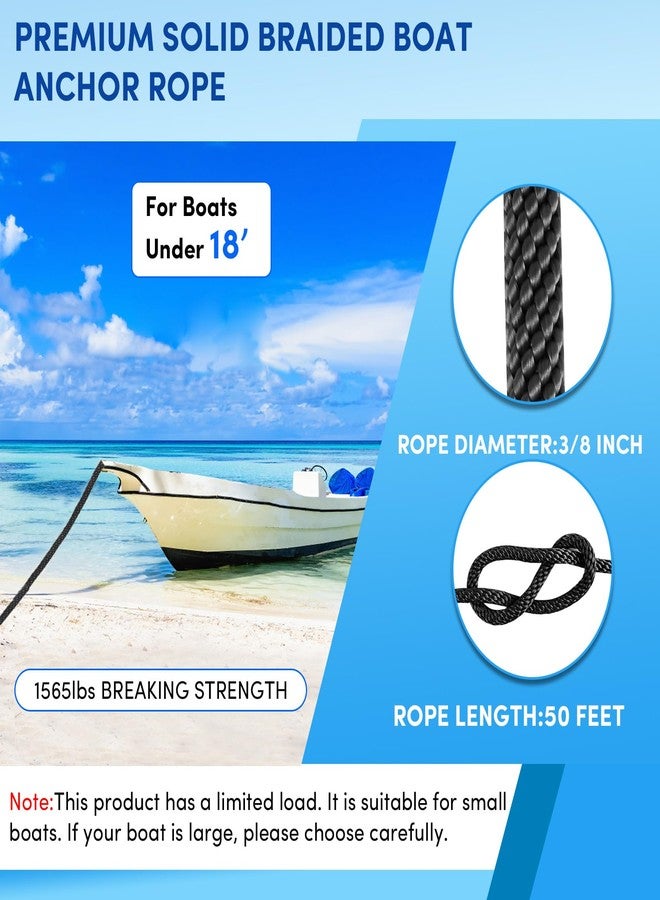 VEITHI Premium Anchor Rope 50 ft x 3/8 inch, Solid Braid MFP Anchor Line Boat Rope with Thimble & Shackle - Black - Image 2