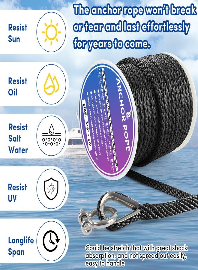 VEITHI Premium Anchor Rope 50 ft x 3/8 inch, Solid Braid MFP Anchor Line Boat Rope with Thimble & Shackle - Black - Image 5