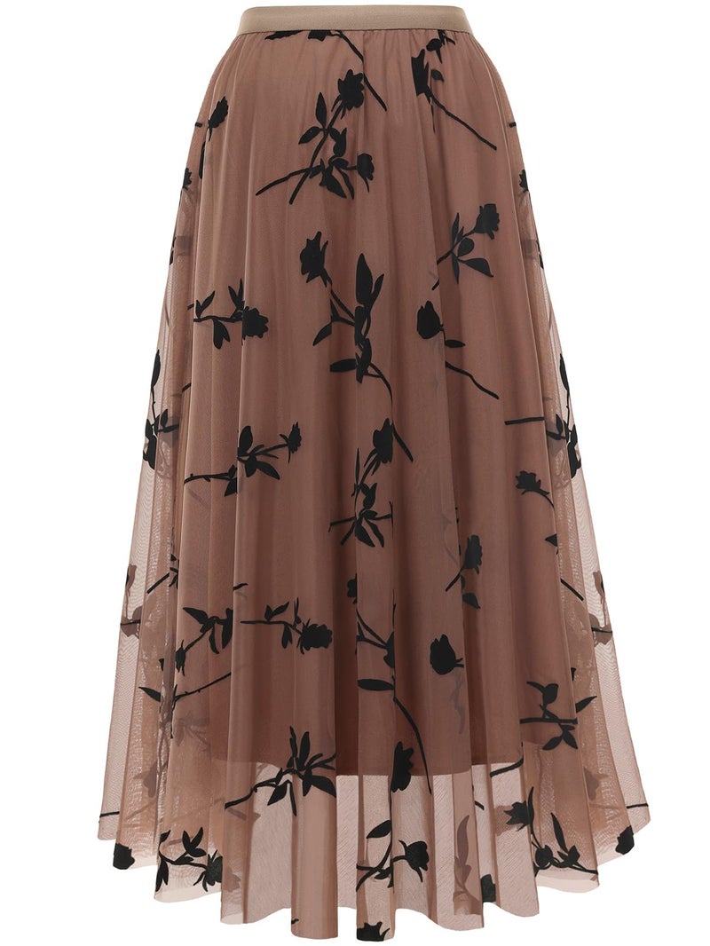 kydely Skirts for Women Tulle Midi Long Length Pleated Skirt Summer A-Line Floral Dressy Trendy High Waist Flowy Skirts Khaki L-XL - Image 3