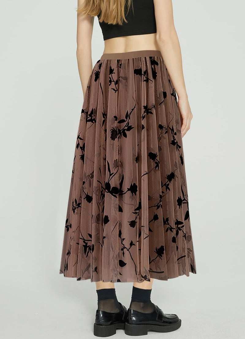 kydely Skirts for Women Tulle Midi Long Length Pleated Skirt Summer A-Line Floral Dressy Trendy High Waist Flowy Skirts Khaki L-XL - Image 4