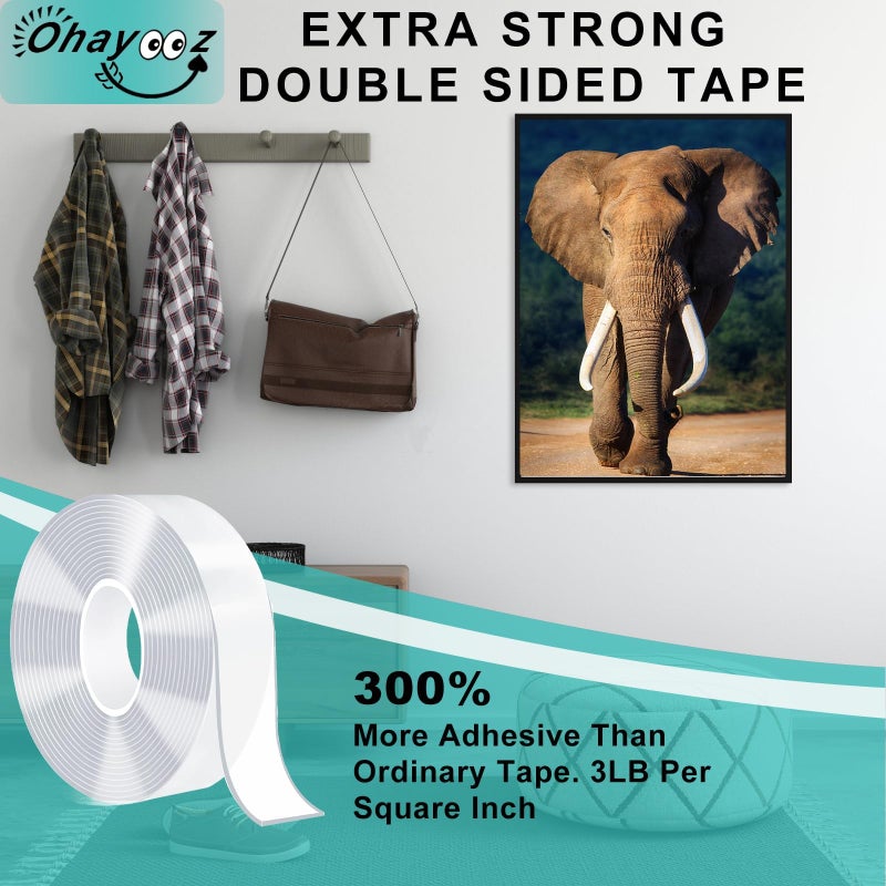 OhayoozÂ® Extra Strong Double Sided Tape Heavy Duty Removable 10FT, Clear Sticky Nano Adhesive Wall Tape for Hanging Picture, Poster, Carpet, Photo Deco - Image 2