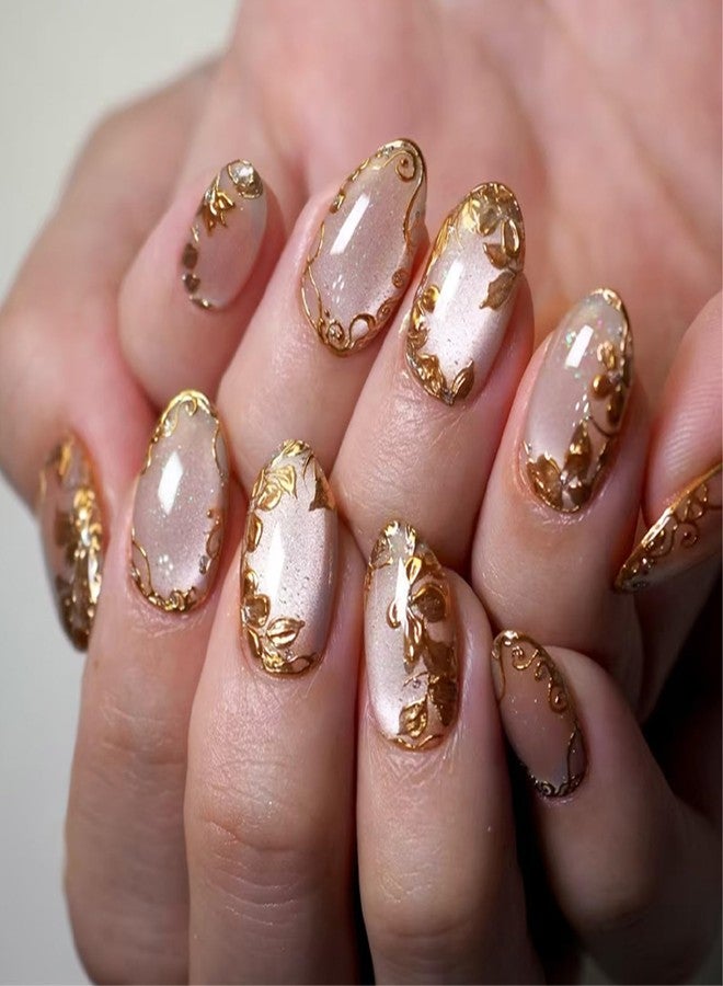 FFZDENA 24-Piece Nail Extension, Press On Nails with 3D Gold Foil Flowers, Short Oval Cat Eye False Nails, Easy to Apply, Reusable Artificial Nails for Women, Perfect for Dailys Wear and Special Occasions - Image 1