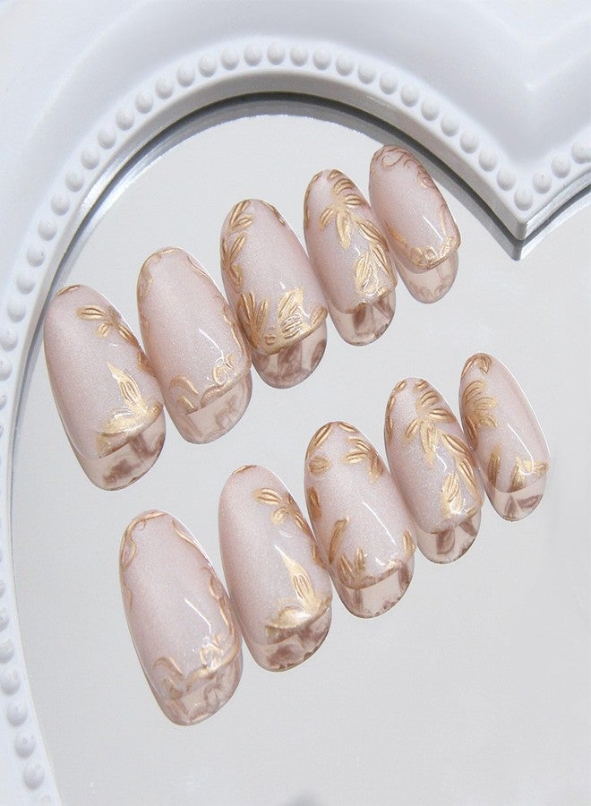 FFZDENA 24-Piece Nail Extension, Press On Nails with 3D Gold Foil Flowers, Short Oval Cat Eye False Nails, Easy to Apply, Reusable Artificial Nails for Women, Perfect for Dailys Wear and Special Occasions - Image 4