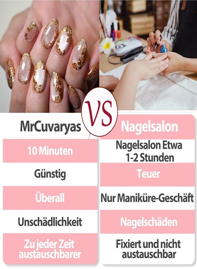 FFZDENA 24-Piece Nail Extension, Press On Nails with 3D Gold Foil Flowers, Short Oval Cat Eye False Nails, Easy to Apply, Reusable Artificial Nails for Women, Perfect for Dailys Wear and Special Occasions - Image 5