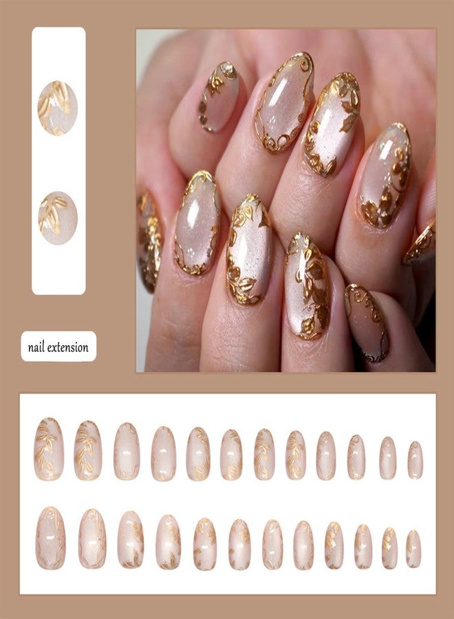 FFZDENA 24-Piece Nail Extension, Press On Nails with 3D Gold Foil Flowers, Short Oval Cat Eye False Nails, Easy to Apply, Reusable Artificial Nails for Women, Perfect for Dailys Wear and Special Occasions - Image 2