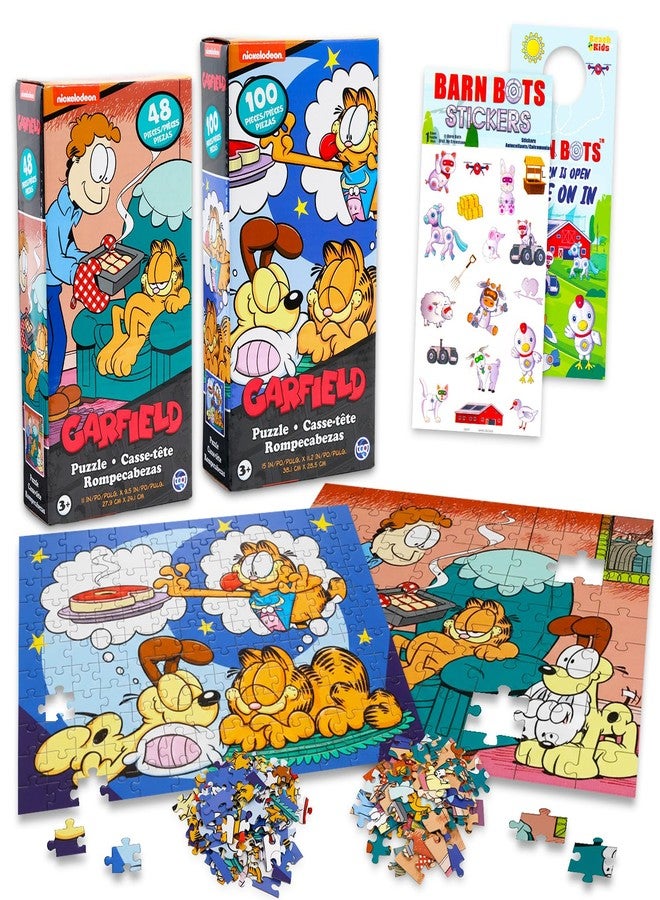 Garfield Puzzle Set for Kids - Bundle with 2 Jigsaw Puzzles, 48 Pc & 100 Pc, Plus Stickers, More | Garfield Puzzles for Kids, Boys, Girls - Image 1