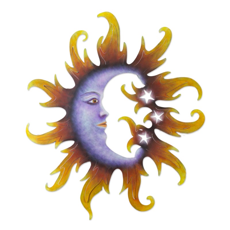 NOVICA NOVICA Artisan Handmade Steel Wall Art Sculpture of Crescent Moon and Stars Purple Orange Mexico Decor Sun Crescent Moon and Stars 