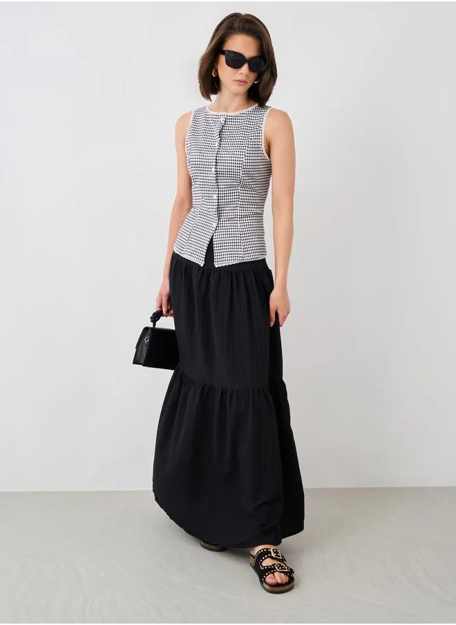 تايك تو Take Two Houndstooth Buttoned Round Neck Top