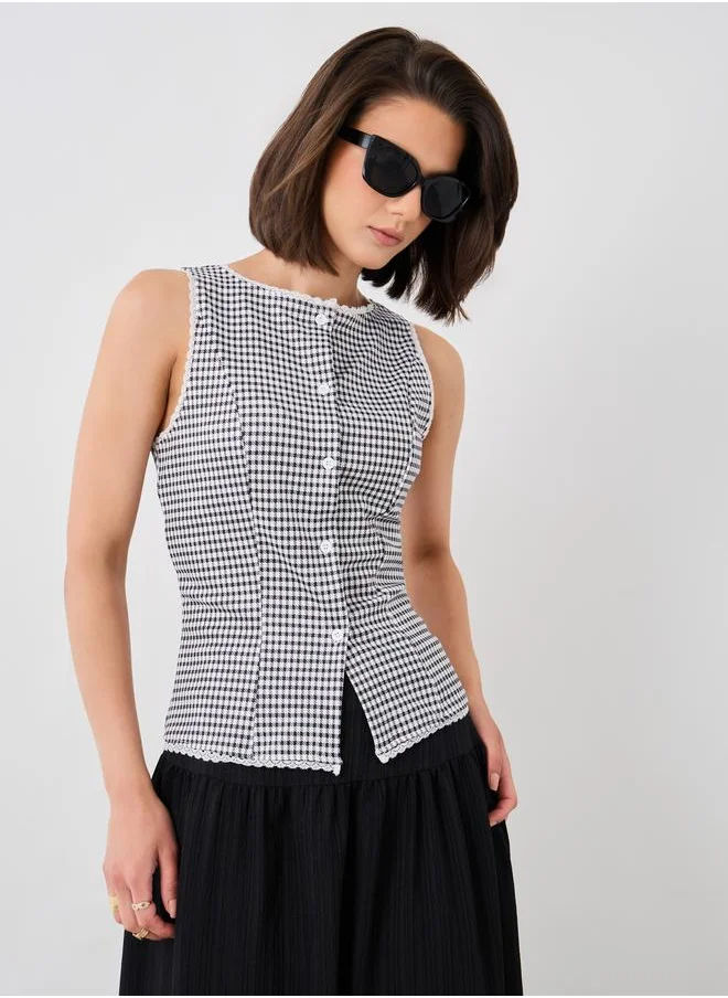 تايك تو Take Two Houndstooth Buttoned Round Neck Top