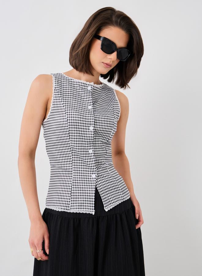 Styli Houndstooth Buttoned Round Neck Top - Image 1
