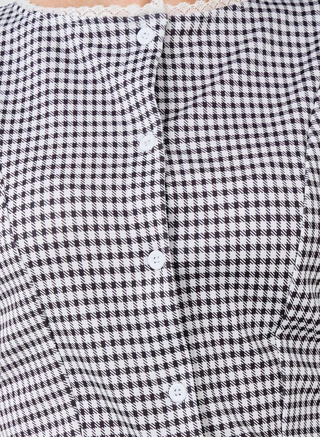 Styli Styli Houndstooth Buttoned Round Neck Top