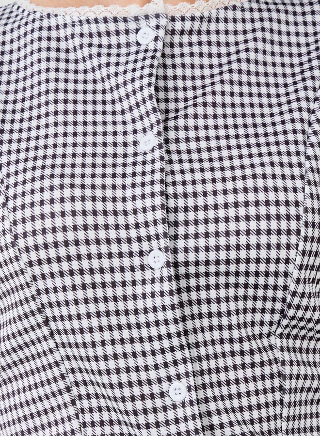 Styli Houndstooth Buttoned Round Neck Top - Image 3