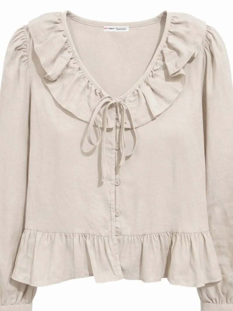 MixRay MIXRAY Frilly V-Neck Blouse with Button Closure