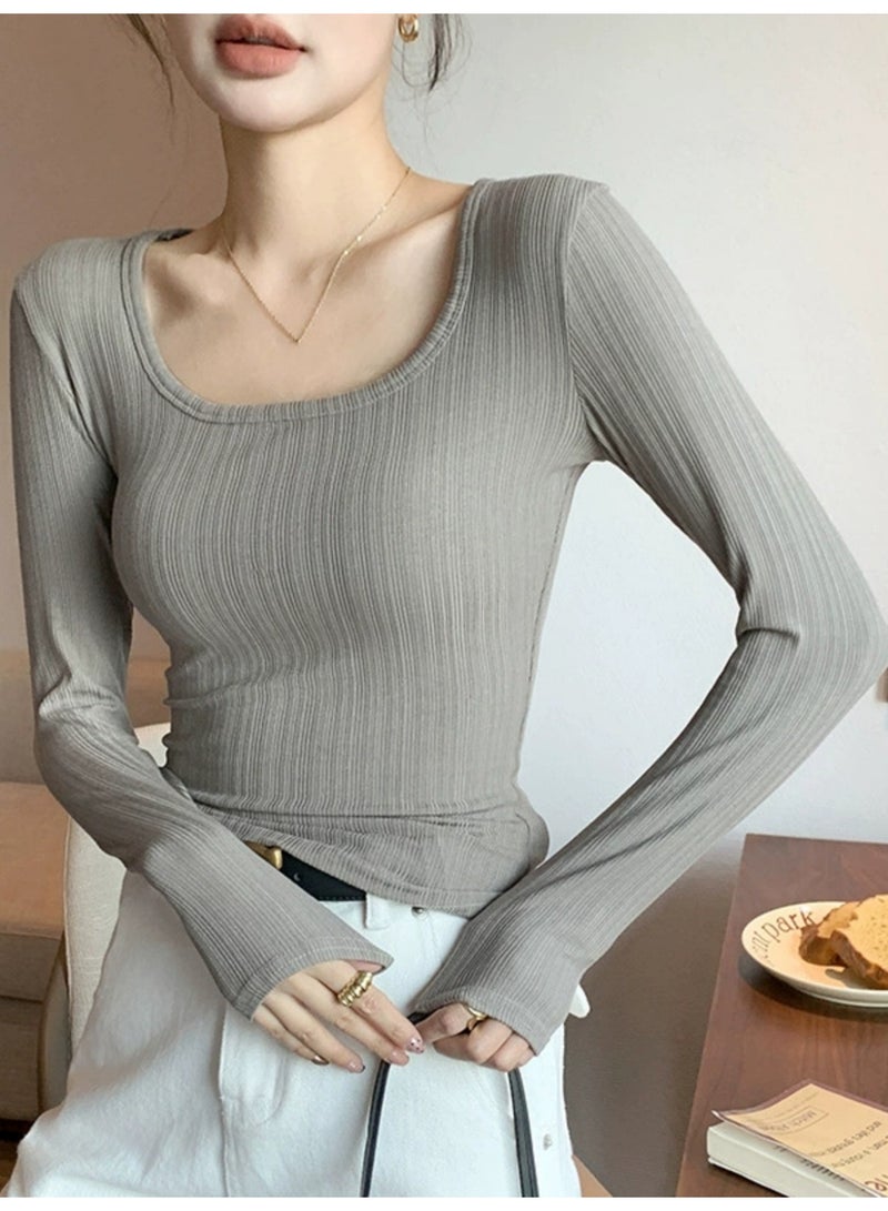New Large U-Neck T-Shirt Women's Base Layer Long Sleeve Top Low-Cut Slim Fit Spring Style - Image 1