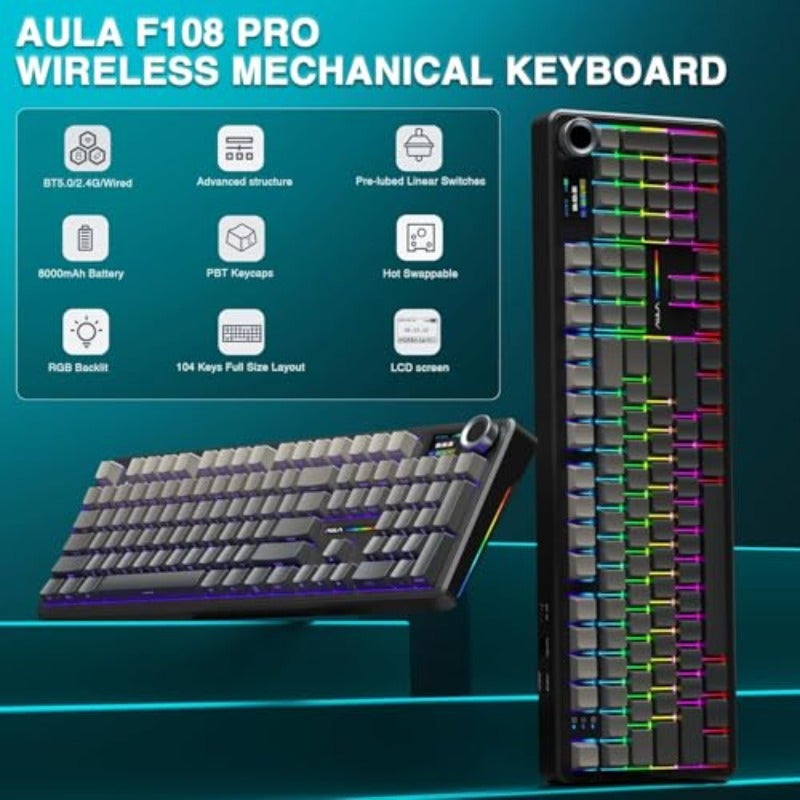 F108 PRO Mechanical Gaming Keyboard with Screen KnobWireless Creamy Keyboard with 8000mAh Battery Pre-lubed Switches Side Printed PBT Keycaps RGB Backlit Hot Swappable Custom Keyboards - Image 2