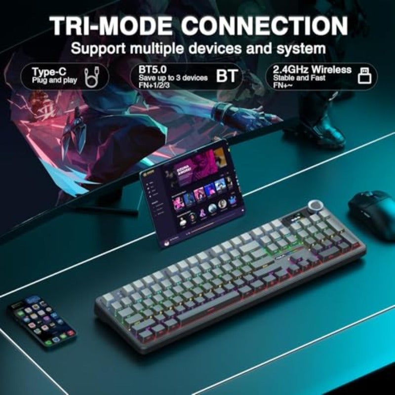 F108 PRO Mechanical Gaming Keyboard with Screen KnobWireless Creamy Keyboard with 8000mAh Battery Pre-lubed Switches Side Printed PBT Keycaps RGB Backlit Hot Swappable Custom Keyboards - Image 4