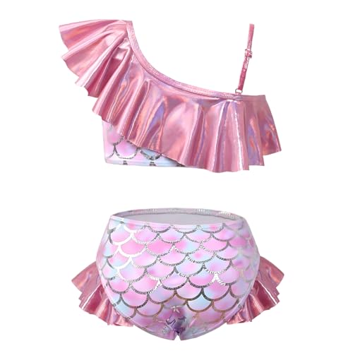 CHILDRENSTAR One Shoulder Bikinis for Little Girls Pink Mermaid Swimsuits Metallic Ruffles Bathing Suits Swimwear,4t 5t - Image 2